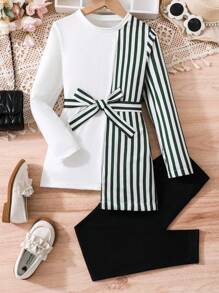 Bộ áo dài tay cổ tròn có thắt lưng và quần màu trơn cho cô gái Tween - màu xanh lá - Xem 1