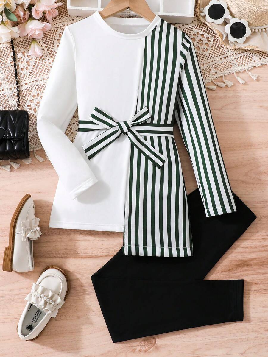Bộ áo dài tay cổ tròn có thắt lưng và quần màu trơn cho cô gái Tween - màu xanh lá - Xem 1