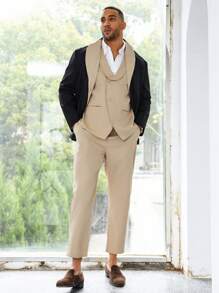 Manfinity Homme Men's Plus Size Contrast Color Shawl Collar Single Breasted Blazer, Double Breasted Vest, And Straight Leg Trousers Suit Set - Black - View 5