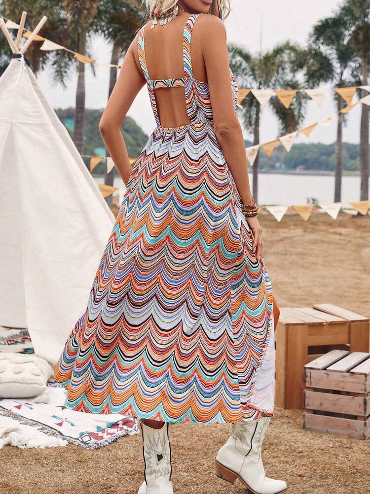 Women's Floral Print Asymmetrical Cutting Backless High Split Dress