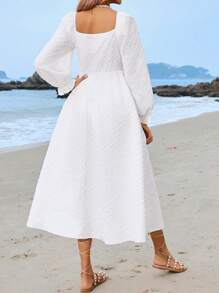 Seusyu Quý cô Màu thuần Người yêu Đường viền cổ áo Đầm Với dây rút & Ruffle Cắt tỉa Tay áo ngắn - trắng - Xem 6