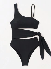 SHEIN Swim Traje De Baño De Una Pieza Con Escote Asimétrico Monocromático Para Mujer, Adecuado Para Verano, Playa, Piscina
