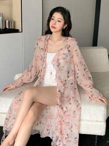 Dazy Designer Áo sơ mi nữ in hoa, cổ áo xếp nếp, tay dài, thích hợp cho mùa hè, kiểu dáng voan mỏng, thích hợp cho lễ Phục sinh. - Nhiều màu - Xem 4