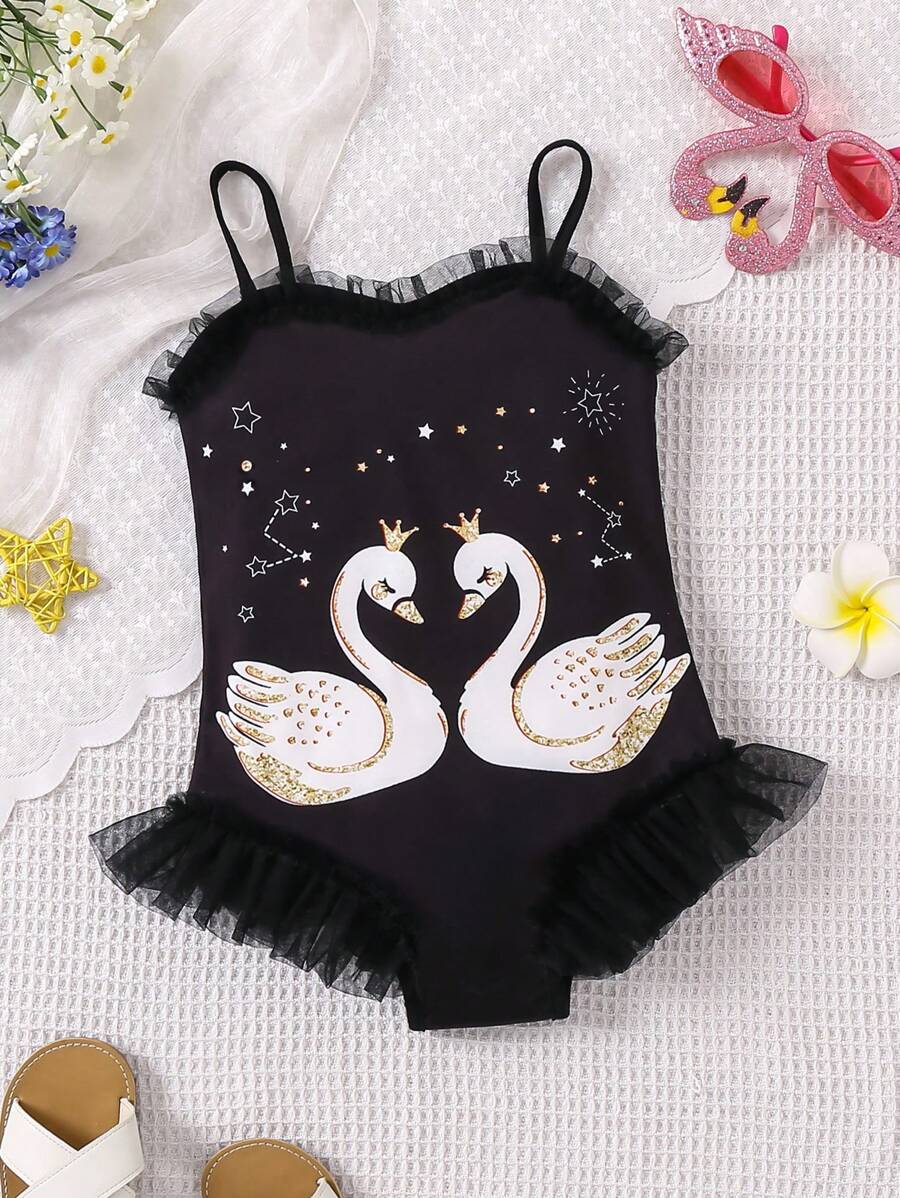 SHEIN Young Girl Swan Lake Ballet Girls' Festive Performance Costume, Strap Mesh Bodysuit - Black - View 1