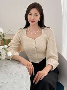 DAZY 商务休闲方领长泡泡袖短款女士衬衫长袖上衣 - 米色 - 查看 3