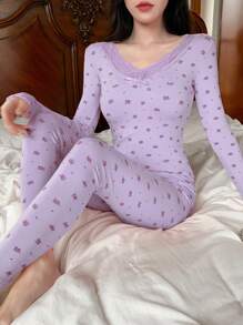 DAZY Conjunto De Pijama De Manga Larga Con Estampado Floral Y Detalles De Encaje