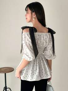 FRIFUL 波尔卡圆点拼色肩部系带腰部女式衬衫、荷叶边、娃娃装上衣 - 白色 - 查看 5
