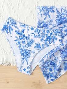 Teenage Girl's Flower Printed Bikini Set With Mesh Cover Up Top, Three Pieces Outfit - Multicolor - View 8