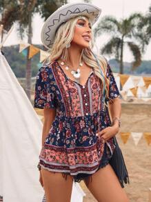 Breezaya 這是一款拼接印花前扣式設計襯衫,適用於音樂節和度假風格 - 彩色 - 查看 1