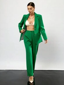 SHEIN BIZwear Ladies' Solid Color Fashionable Suit Jacket And Trousers Set - Green - View 3
