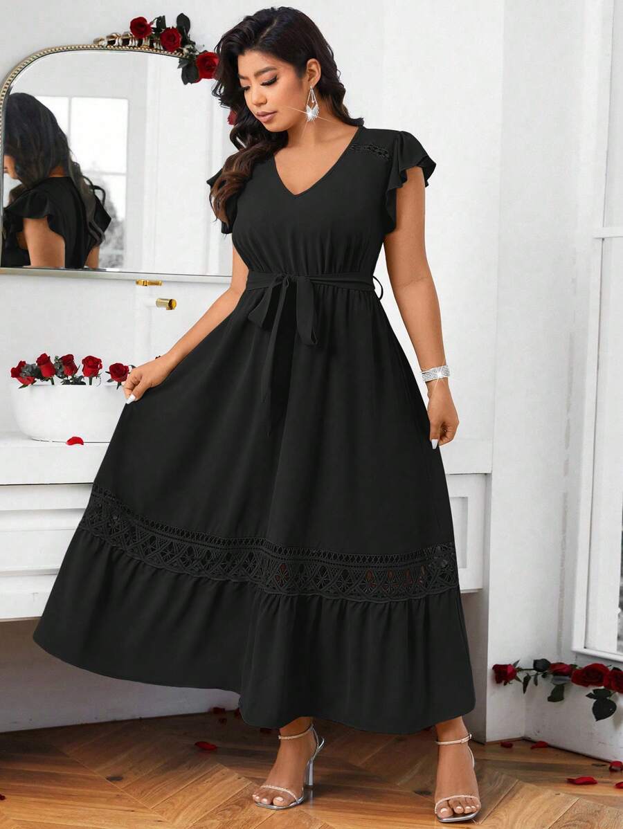 SHEIN Belle Kích thước lớn Của phụ nữ Màu thuần Cổ v Tay áo xù Dài Đầm - màu đen - Xem 1