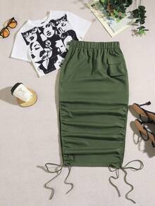 Conjunto De Camiseta De Manga Corta Estampada Y Falda Lateral Con Cordón Para Mujer Con Estilo Urbano Moderno - Multicolor - Ver 5