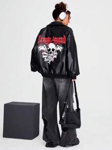 Coolane Halloween Skull & Letter Graphic Drop Shoulder PU Leather Jacket - Black - View 5