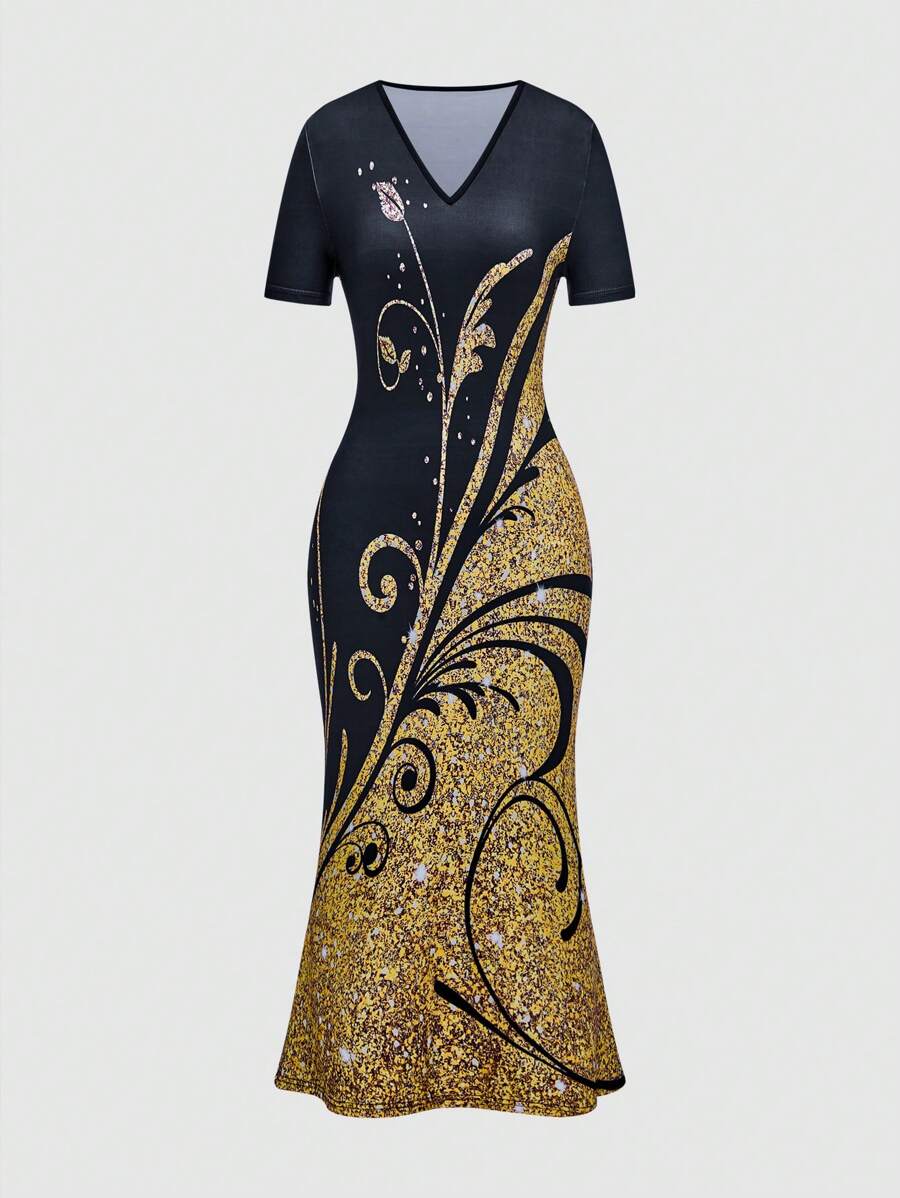 SHEIN Unity Plant Print Color Block V-Neck Mermaid Dress Maxi Women Outfit - Black - View 1