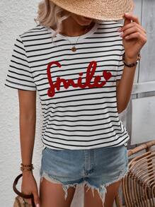 SHEIN LUNE Camiseta con estampado de rayas y letra - Blanco y Negro - Ver 1