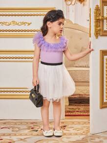 SHEIN Blusa de hombros descubiertos con malla estilo princesa soñadora para niña joven - Morado - Ver 4