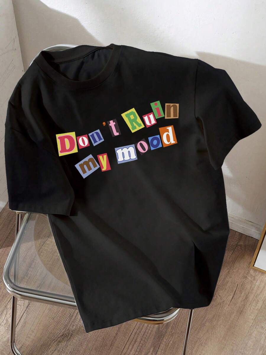 適合夏季的青少年女孩休閒口號圖案短袖T恤 - 黑色 - 查看 1