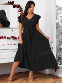 SHEIN Belle Kích thước lớn Của phụ nữ Màu thuần Cổ v Tay áo xù Dài Đầm - màu đen - Xem 4