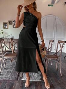 Breezaya Women's Solid Color Asymmetrical Neckline & Front Slit Dress - Black - View 3