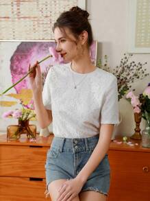 GENKIRA Random Lace Short Sleeve Blouse - White - View 6