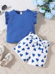 SHEIN Young Girl Round Neck Ribbed Top And Heart Printed Shorts Two-Piece Set