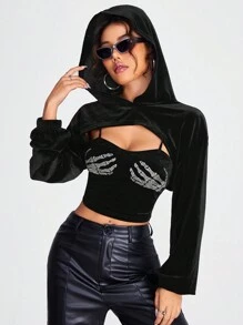 Coolane Rhinestone Skeleton Pattern Cami Top With Super Crop Hoodie-Black - Black - View 3