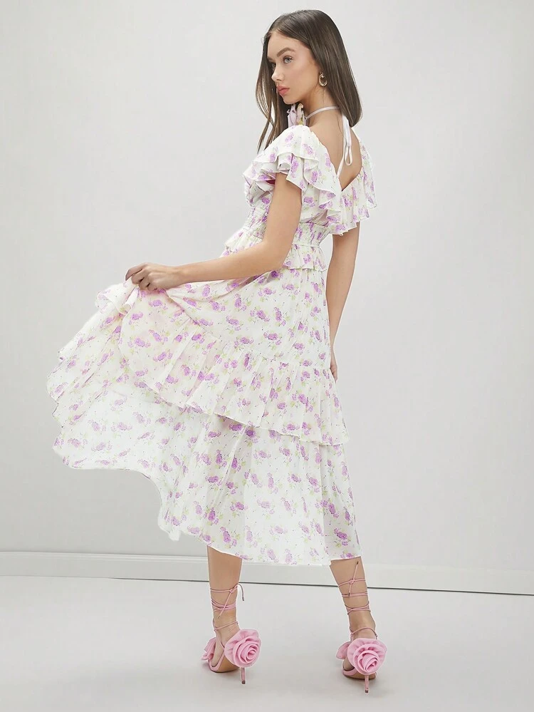 Women's Floral Printed Layered High Low Dress