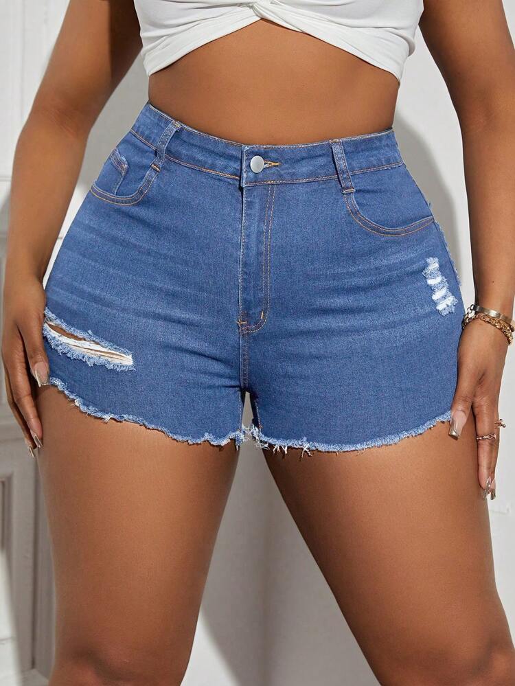 Plus Size Ripped Denim Shorts, Suitable For Summer