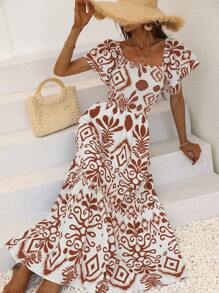 Breezaya 女士方形领口短袖夏季连衣裙，带全印花，超长度假海滩装 - 棕色 - 查看 3