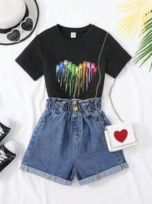 Tween Girl Heart And Footprint Print Tee & Denim Shorts, School, Campus, College - Multicolor - View 1