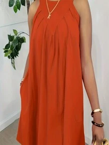 Breezaya 女士時尚露肩寬鬆純色優雅連衣裙 - 珊瑚橙 - 查看 3