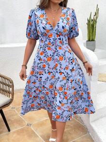 SHEIN VCAY 大尺碼假期氣泡袖深v領裙 - 彩色 - 查看 2