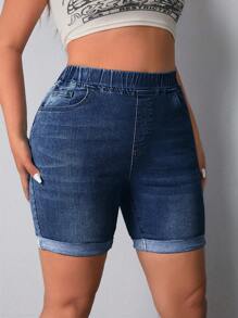 SHEIN LUNE Pantaloni Corti In Denim Taglia Plus, Adatti Per L'estate - Blu lavato scuro - Visualizzare 5
