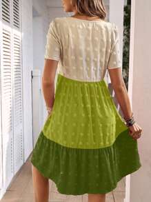 SHEIN LUNE Color-Block Short Sleeve Summer Holiday Midi Dress - Green - View 2