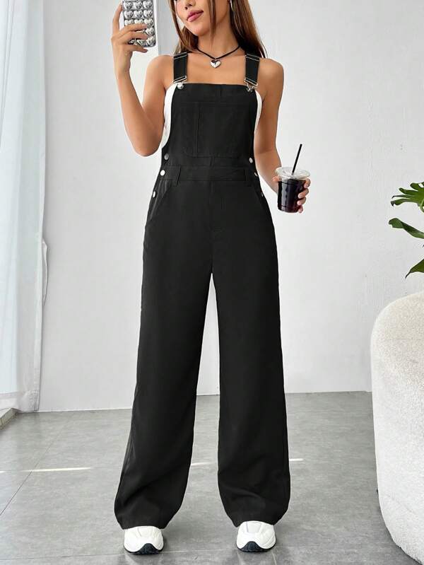 SHEIN EZwear Solid Color Pocket Detail Straight Jumpsuit