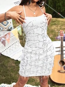 Calvaya Vestido de moda elegante para mujer con hombros descubiertos, flecos y brillos con correa para el cuello
