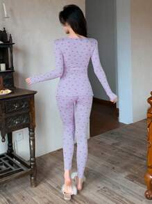 DAZY Conjunto De Pijama De Manga Larga Con Estampado Floral Y Detalles De Encaje