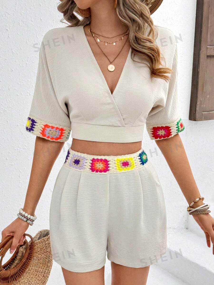 Breezaya Conjunto De Top Corto Y Pantalón Corto De Estilo De Vacaciones De Mujeres Con Estampado Floral Y Escote En V Superpuesto