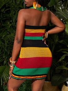 Slaydiva 度假夏季条纹拼色针织毛衣钩针连衣裙 - 彩色 - 查看 3