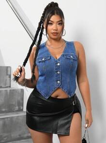 SHEIN ICON Kích thước lớn Của phụ nữ Ngực đơn Denim Áo vest Với Viền không đối xứng - Rửa trung bình - Xem 4