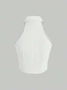 Sweetra Women's Sleeveless Button-Up Fashion Shirt With Turn-Down Collar, Suitable For Vacation And Travel Outfits Y2K Outfit  - White - View 2