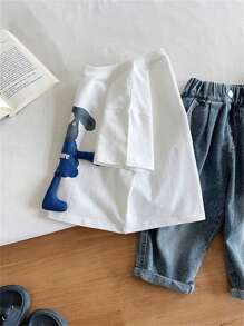 Young Boy Cartoon Print Crew Neck Short Sleeve Casual T-Shirt, Summer - White - View 4