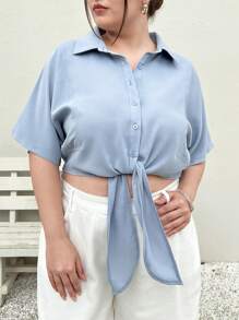 SHEIN Essnce Women's Plus Size Tie Front Open Collar Blue Shirt For Summer Music Festival - Blue - View 5