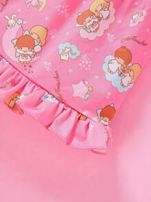 HELLO KITTY AND FRIENDS | SHEIN 少女月亮卡通印花荷葉邊背心上衣和粉色短褲睡衣套裝 - 粉色 - 查看 3