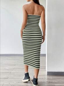 SHEIN Unity Striped Strapless Slim Knitted Sweater Dress, Autumn - Green - View 2