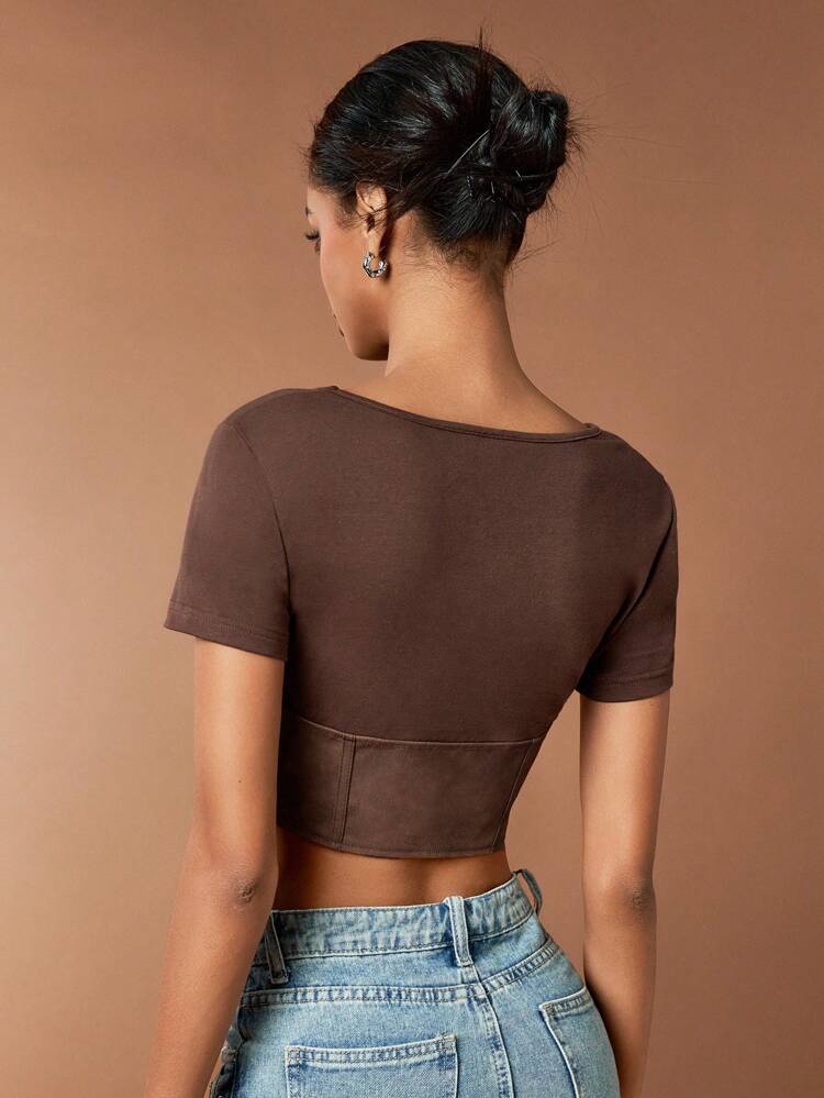 Retro Brown Washed Corset Waist Short Sleeve T-Shirt Top