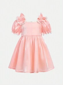 SHEIN Baby Girl's  Elegant Satin Glossy Satin Short Sleeve Dress With Ruffled Trim And Lace Patchwork - Pink - View 1