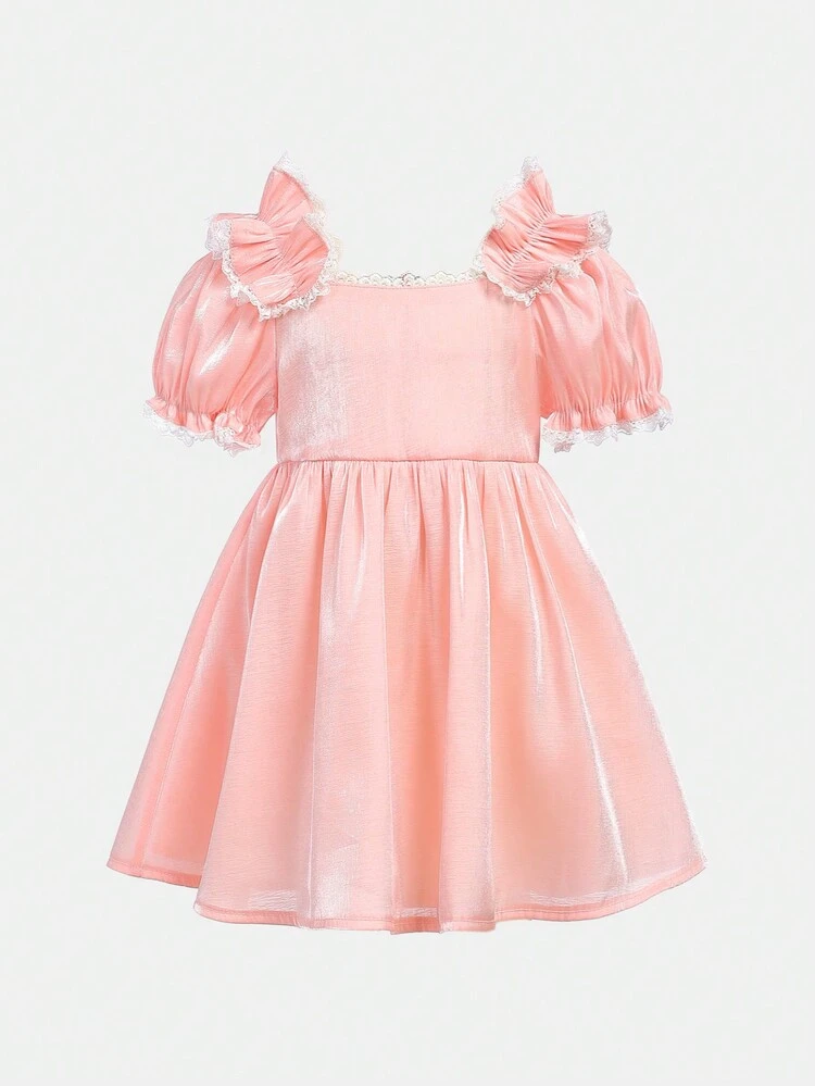Baby Girl's  Elegant Satin Glossy Satin Short Sleeve Dress With Ruffled Trim And Lace Patchwork