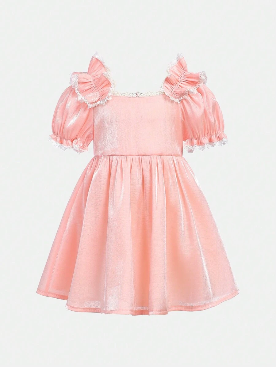 SHEIN Baby Girl's  Elegant Satin Glossy Satin Short Sleeve Dress With Ruffled Trim And Lace Patchwork - Pink - View 1