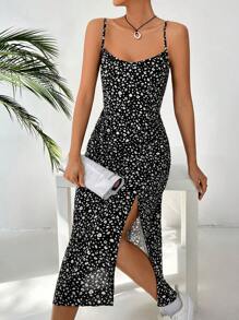 SHEIN EZwear Women's Floral Print Fashionable Strappy Dress For Spring And Summer - Black - View 6